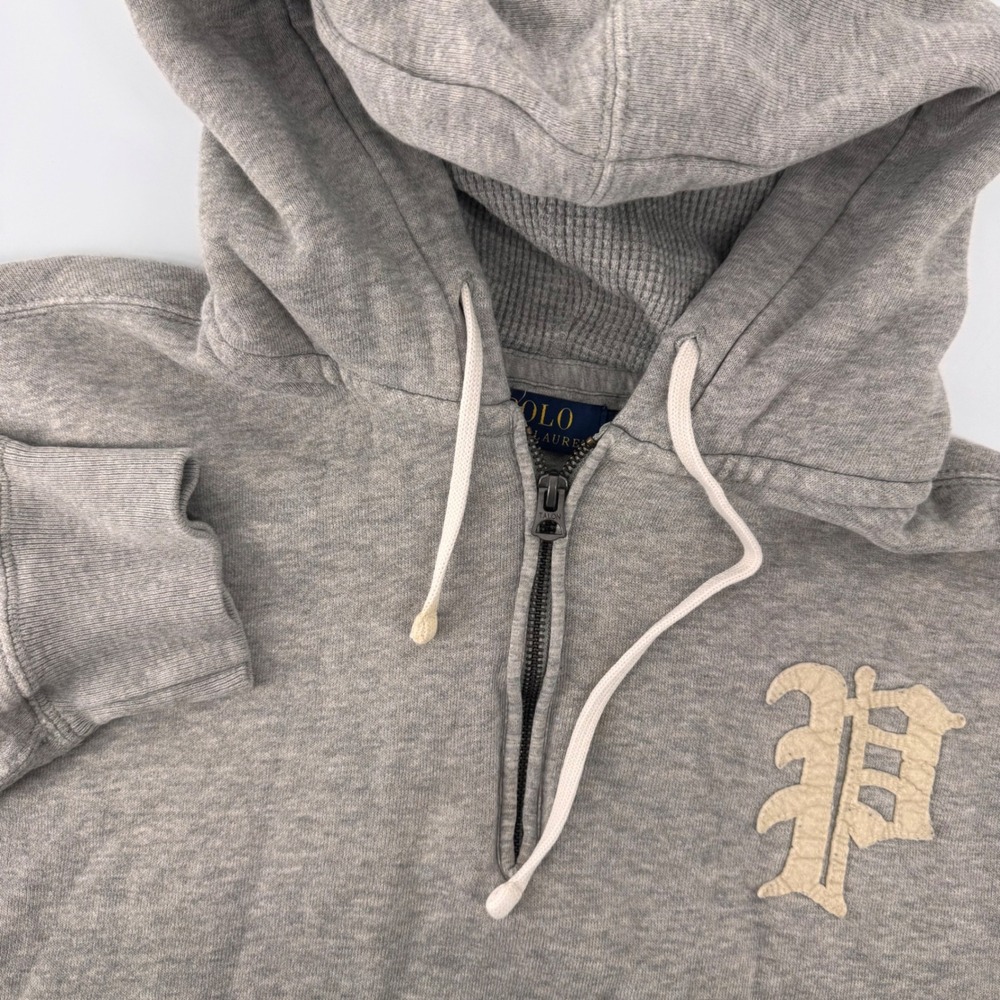 Polo Ralph Lauren Hoodie Mens L Gray Quarter Zip Chenille P Patch Sweatshirt